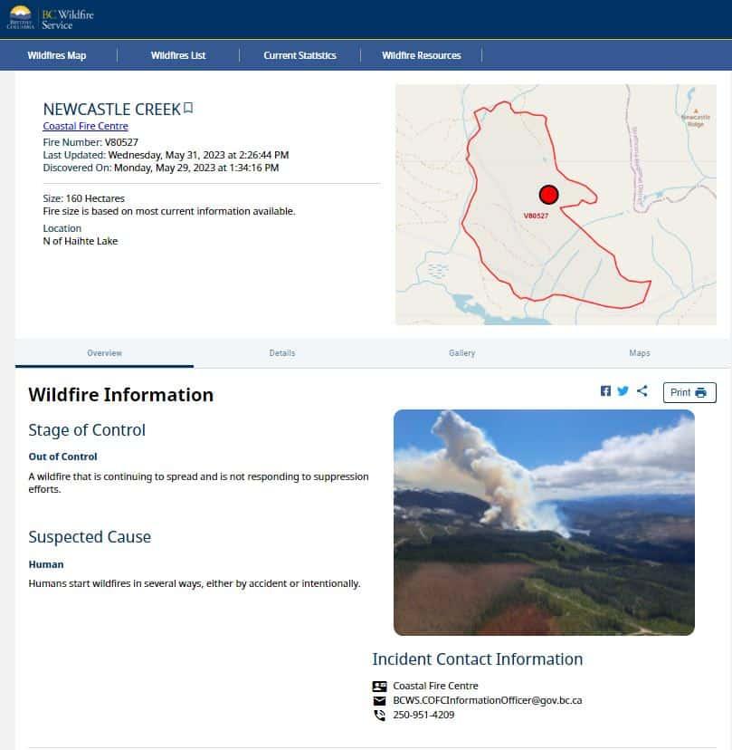 Wildfire information webpage with map and photo of smoke over a forested area.