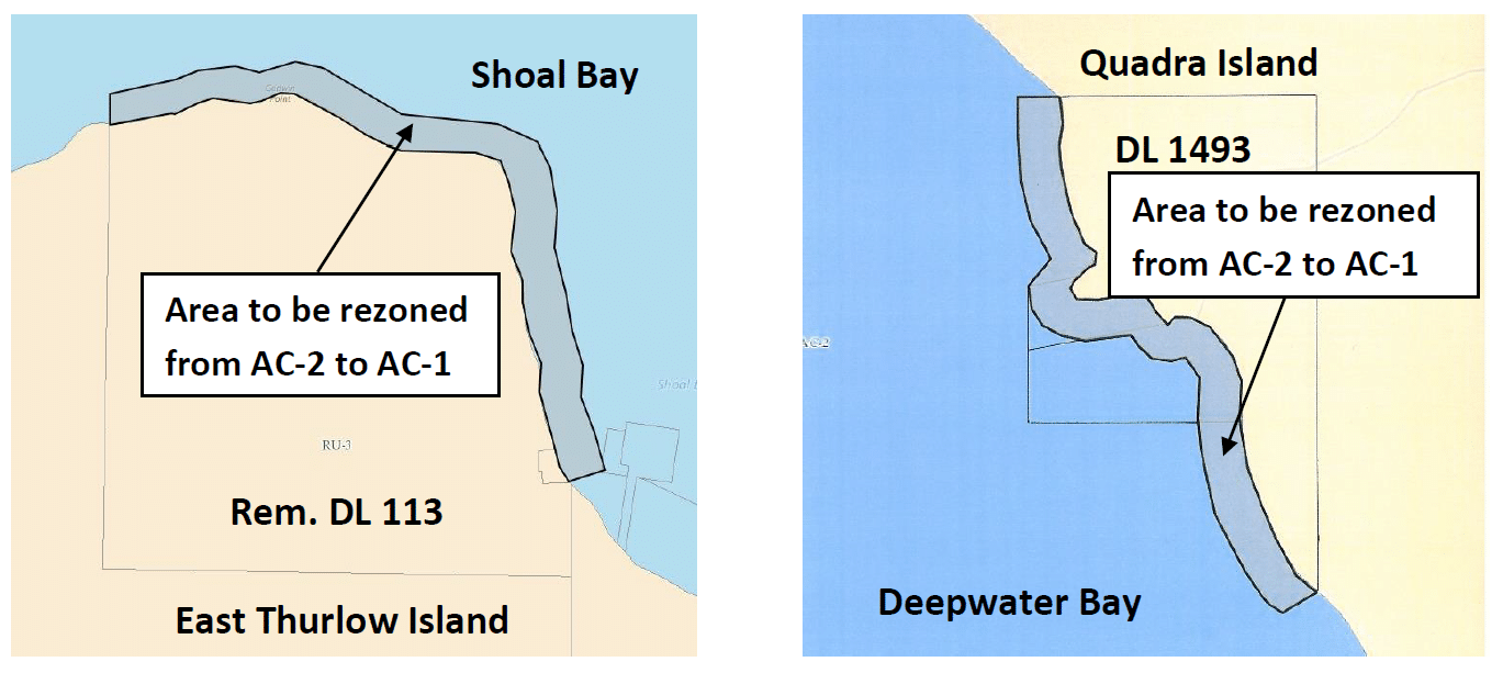 Maps of Shoal Bay and Quadra Island, highlighting rezoning areas.