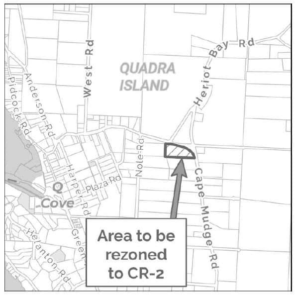 Map highlighting zone change on Quadra Island.