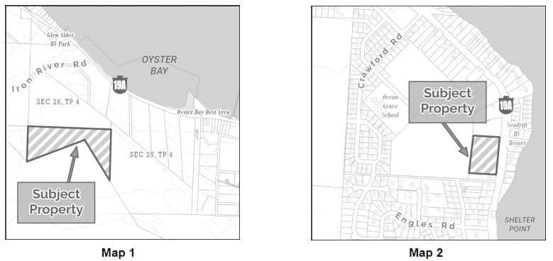 Two grayscale maps showing the subject properties and surrounding streets.