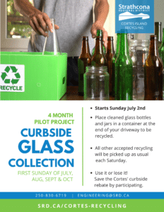 Hands placing glass bottles in a green recycling bin. Strathcona Regional District logo at the top.
