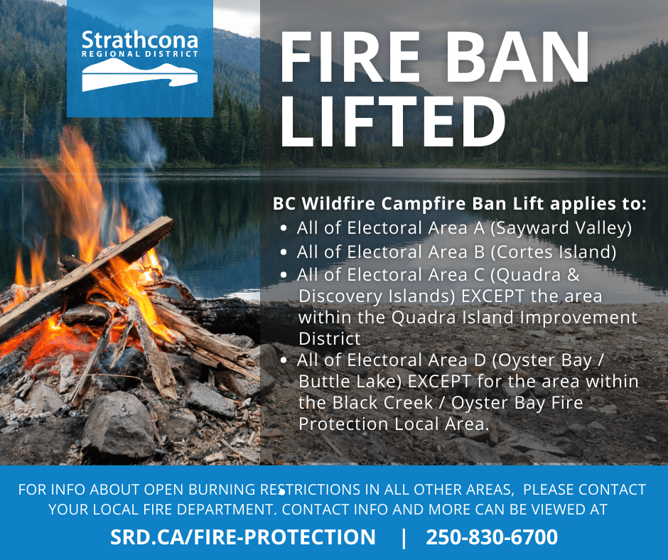 Campfire beside a lake with forested hills; text about fire ban lifted.