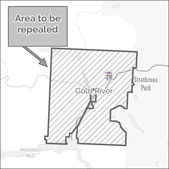 Map showing a repealed area in Gold River, hatched with diagonal lines.