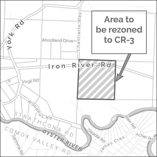 Map showing rezone area on Iron River Rd with roads and waterway.