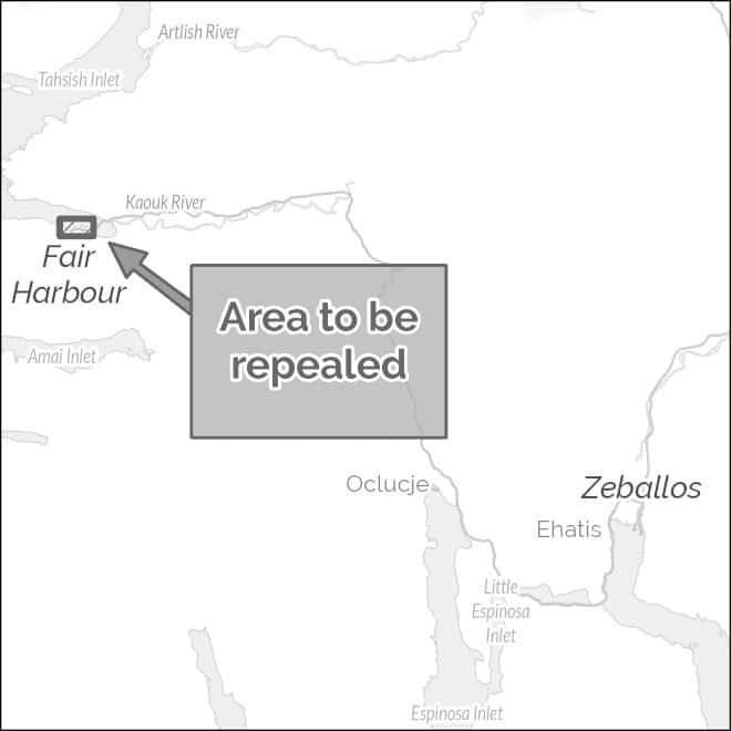 Map showing Fair Harbour and surrounding areas with highlighted region marked for repeal.