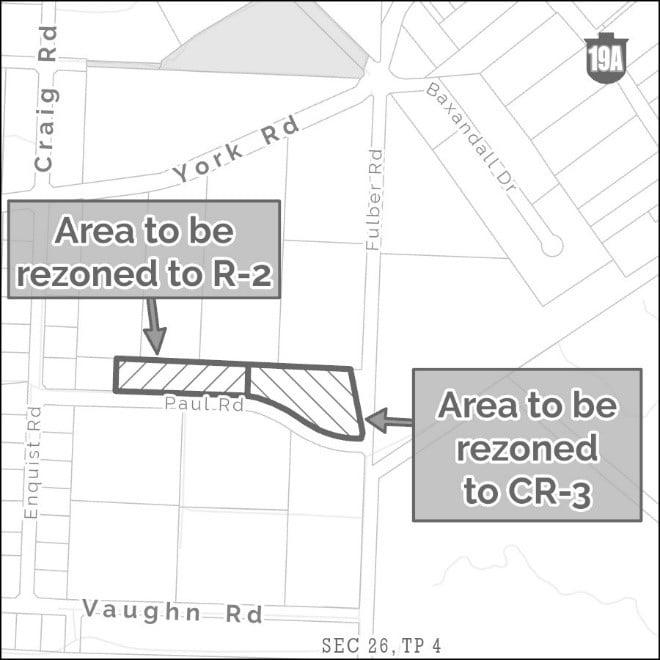 Map showing areas to be rezoned, marked R-2 and CR-3.