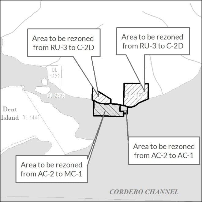 Zoning map with highlighted rezoning areas near Cordero Channel.