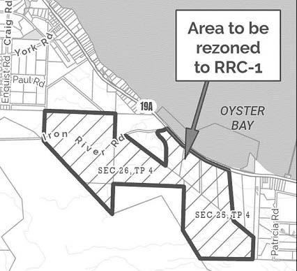 Map showing area near Oyster Bay marked for rezoning to RRC-1.