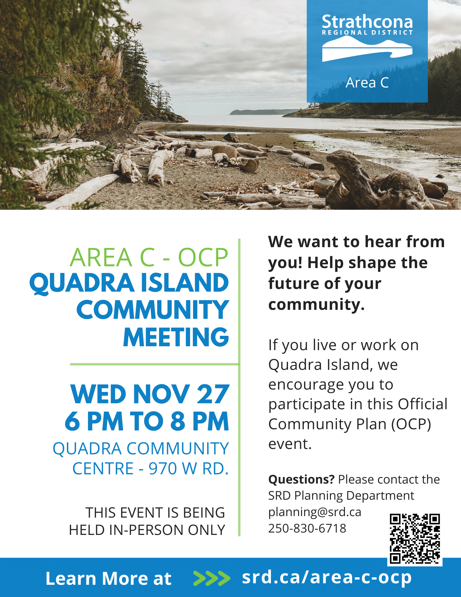 Quadra Island community meeting flyer with event details and scenic beach photo.
