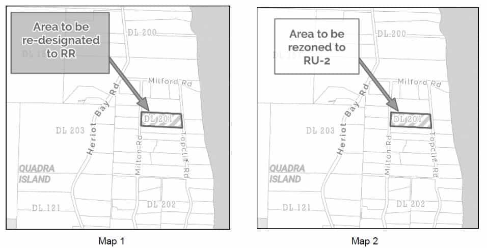 Two maps with highlighted zoning changes in a coastal area.