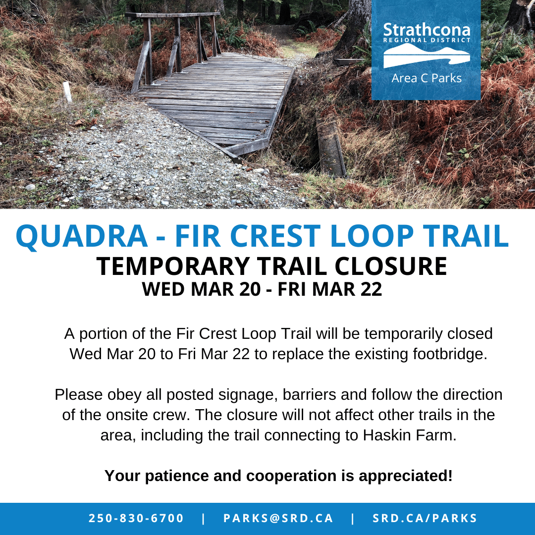 Temporary trail closure notice with forest path and bridge in background.
