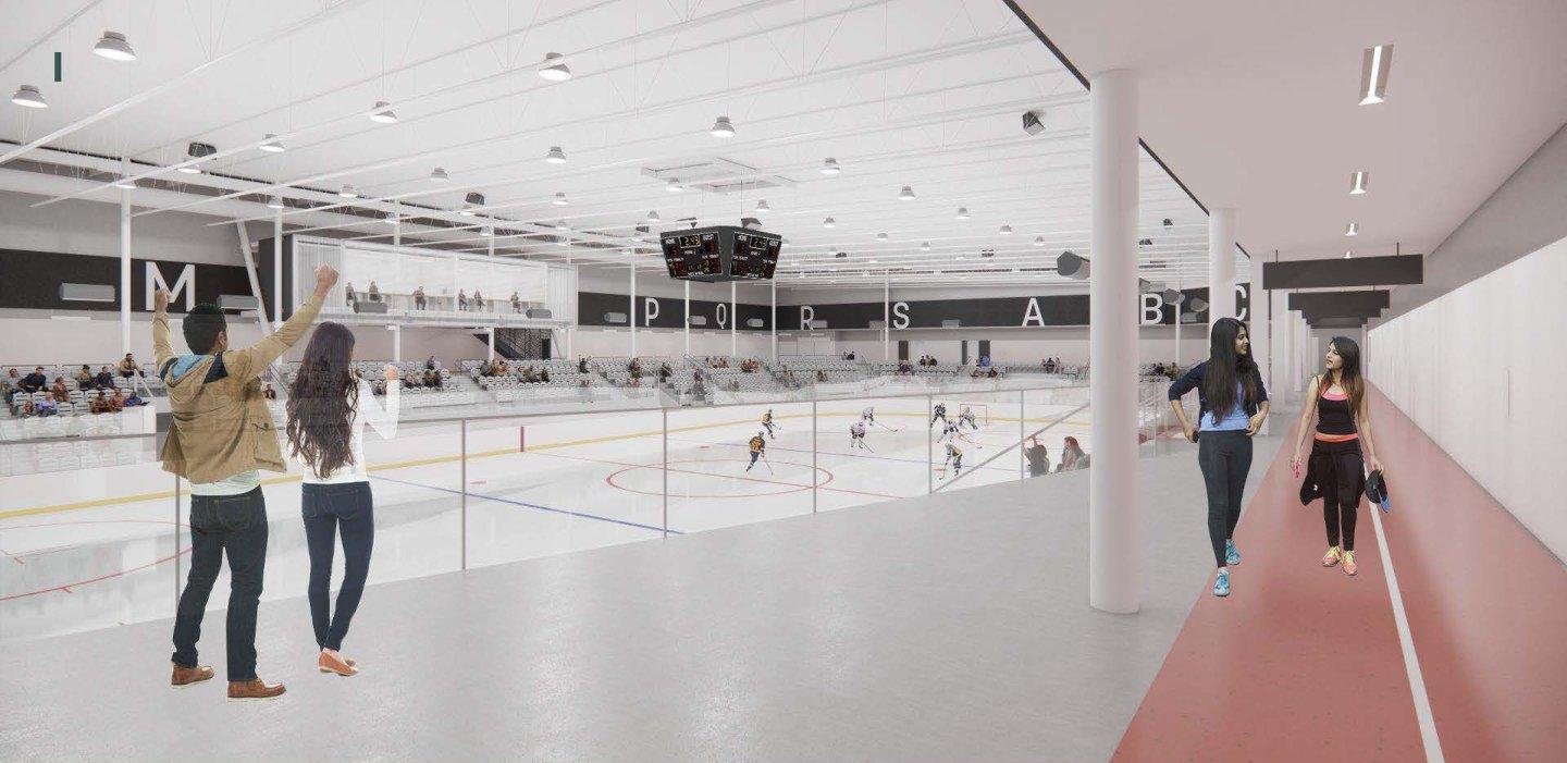 Indoor ice rink with people watching from the side and a hockey game in progress.