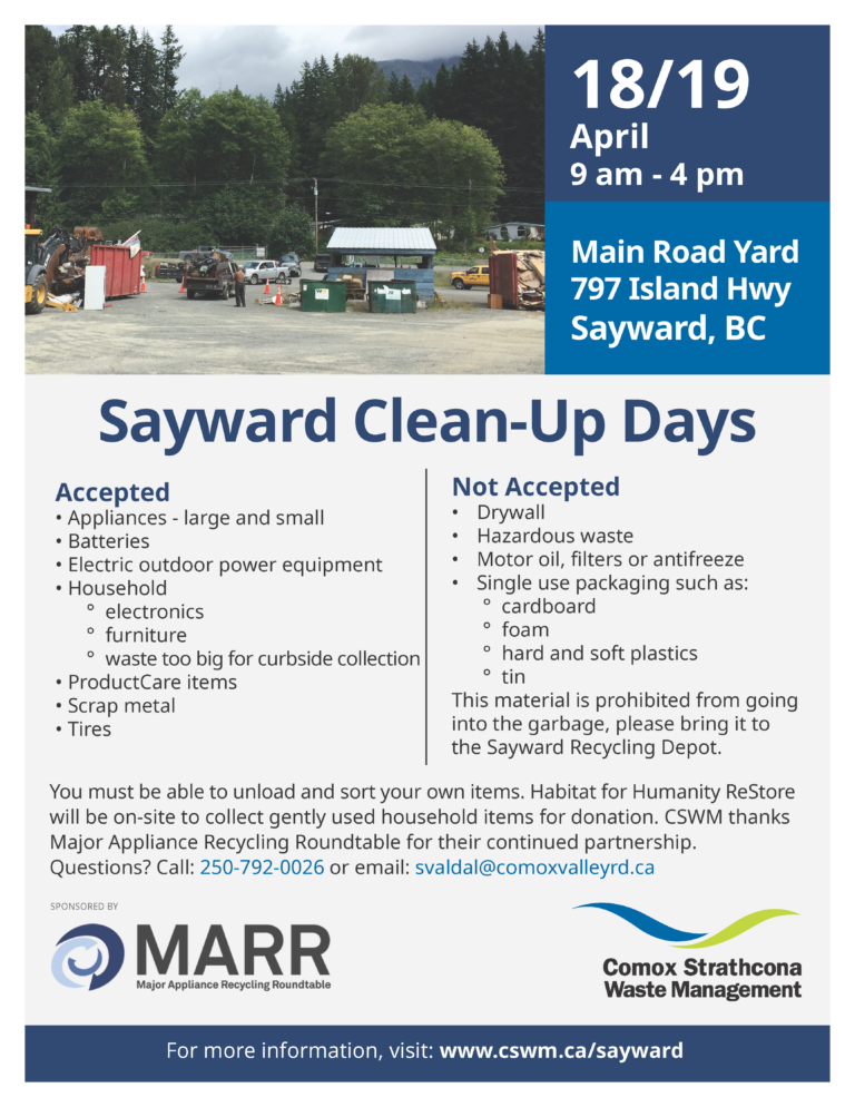 Flyer for Sayward Clean-Up Days with event details, location, and accepted materials.