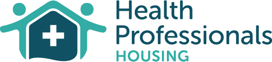 Logo featuring a house, hands, and text: "Health Professionals Housing" in teal.