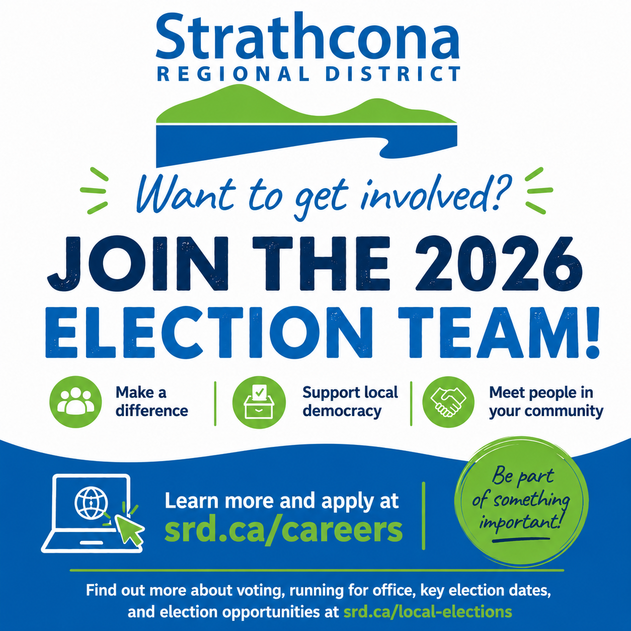 Graphic promoting the 2026 election team for Strathcona Regional District, inviting participation.