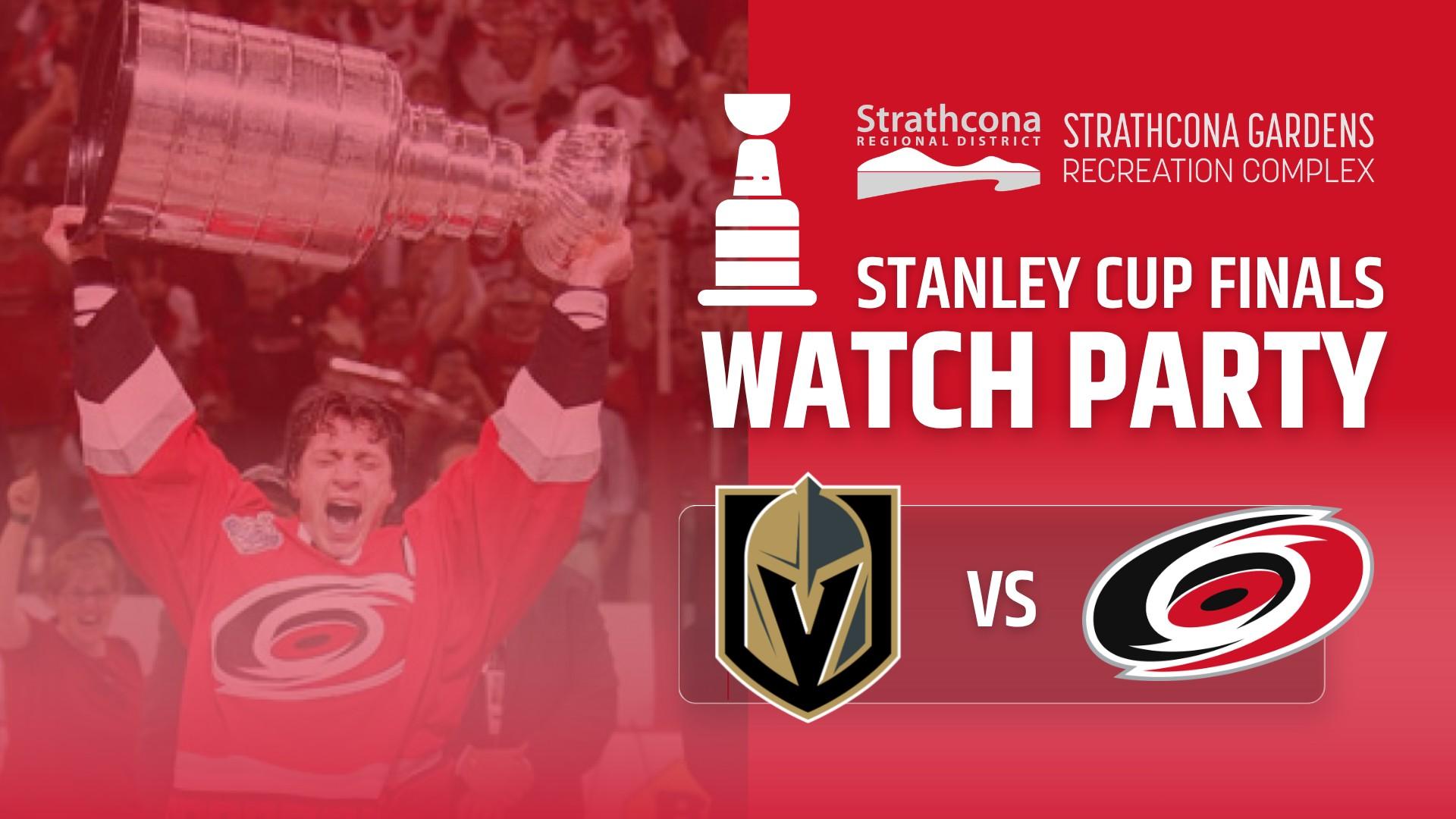 A joyful fan holding up the Stanley Cup above his head, with team logos for Vegas Golden Knights and Carolina Hurricanes.