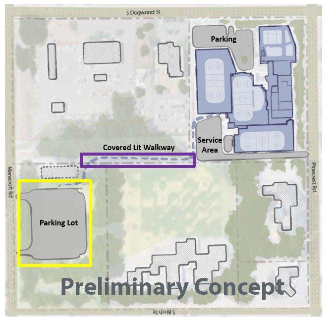 Site layout map with marked parking lot, service area, and covered walkway.