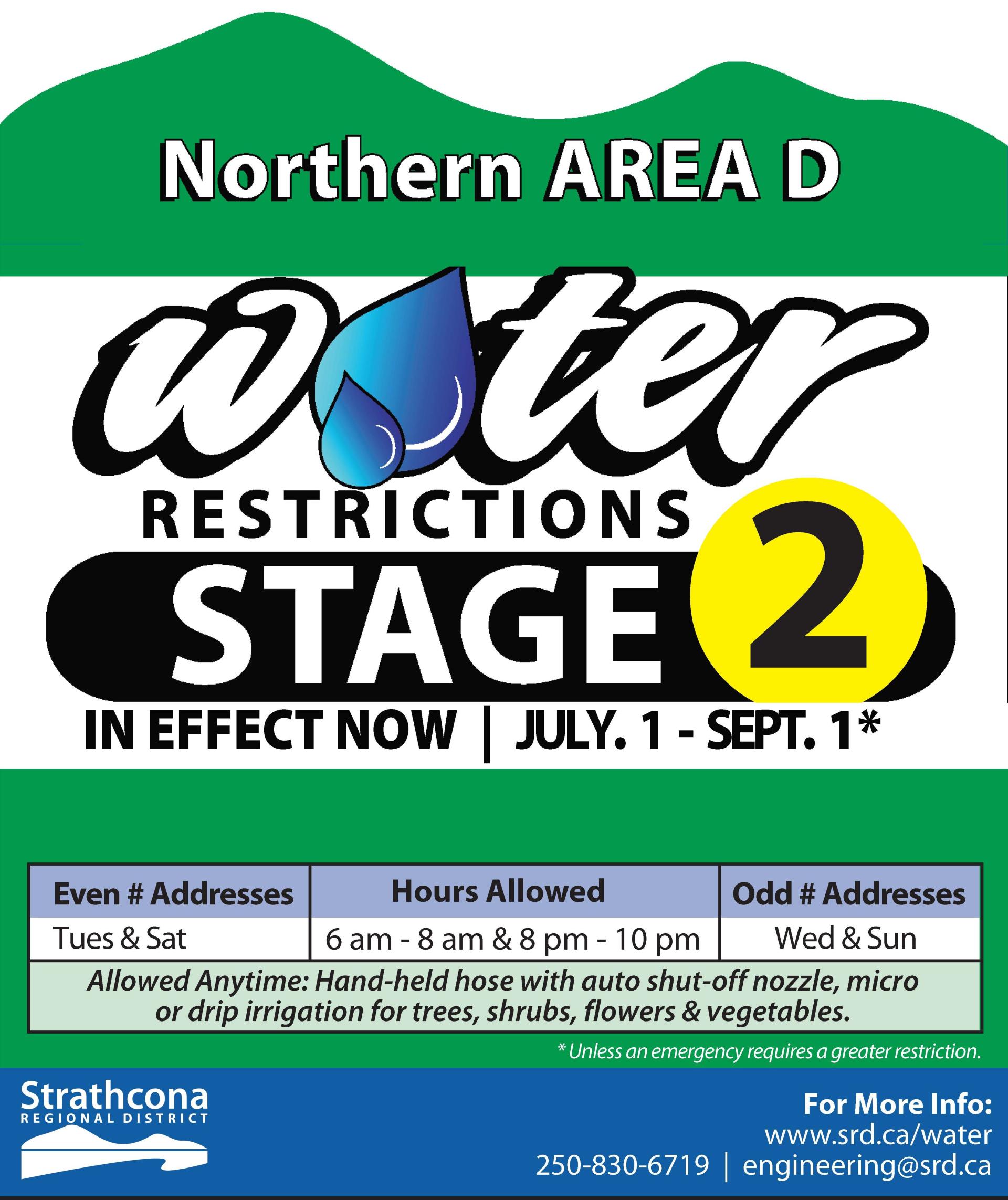 Water restrictions notice for Northern Area D, Stage 2, effective July 1 - Sept 1.