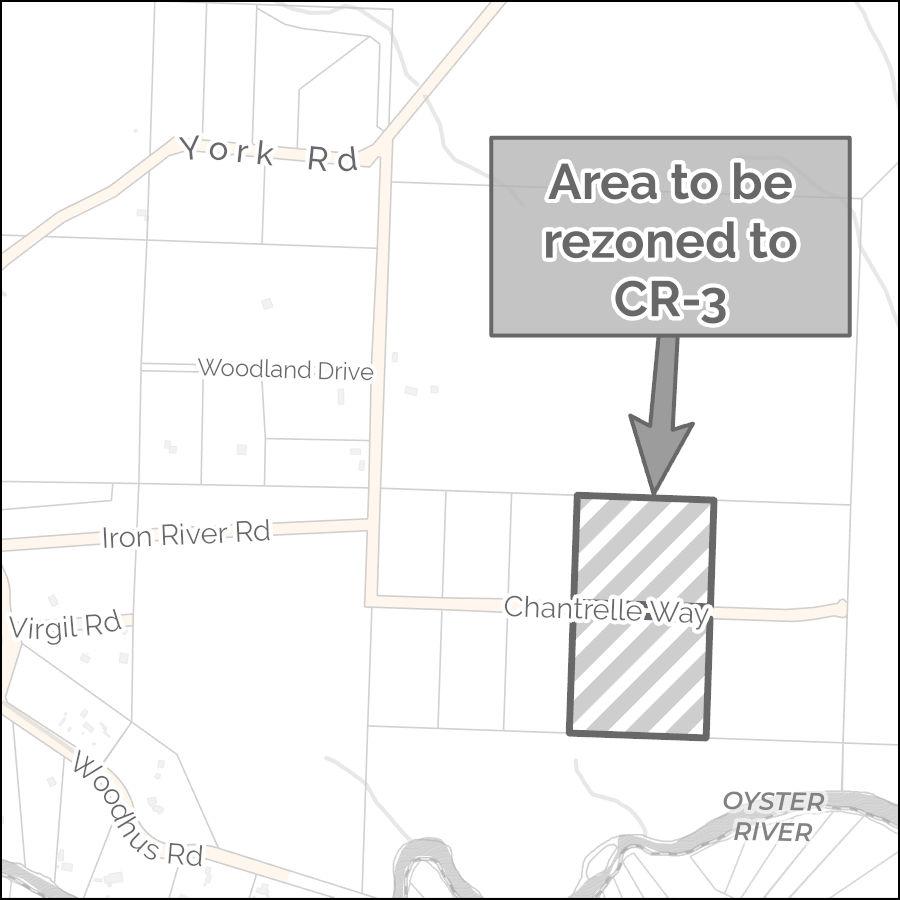 Map indicating area to be rezoned to CR-3, marked with shading and directional arrow.