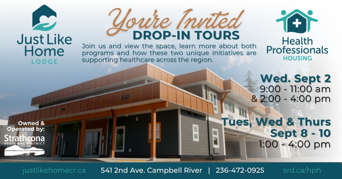 Promotional graphic for "Just Like Home" with event details and a building photo.